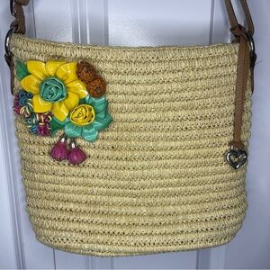 Brighton Woven Straw Crossbody Tote Bag Floral Applique Leather Straps Handbag